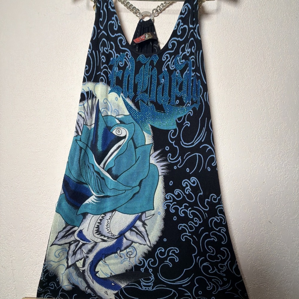 Ed Hardy Mini Dress Embroidered All Over Print Rhinestones Large Chain Spellout